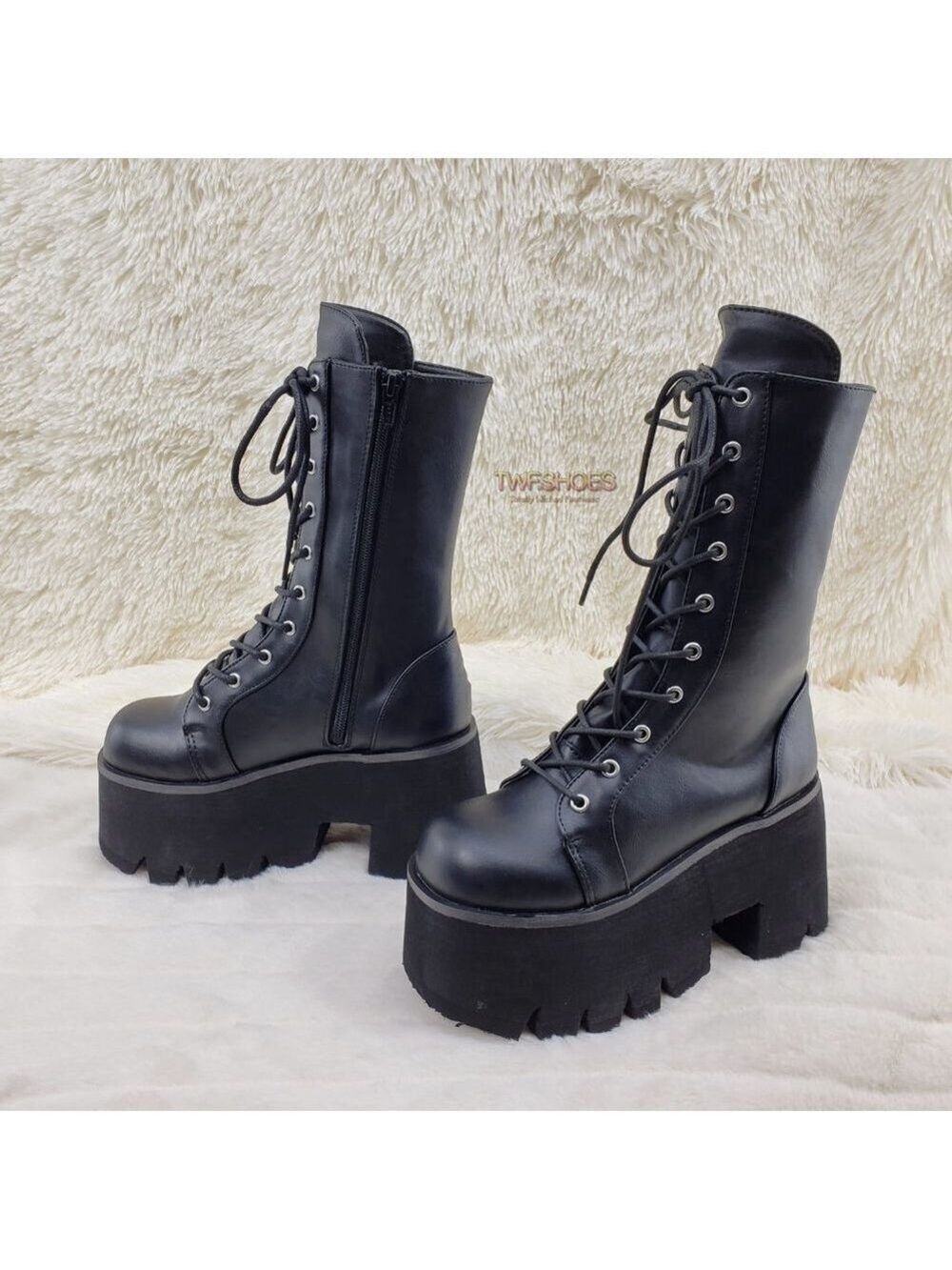 Ashes Black Matte Platform Goth Punk Mid Calf Combat Boots - Picture 9 of 14